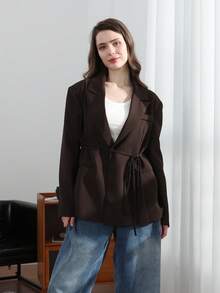 HH Women's White Turn-Down Collar Long Sleeves Lace-Up Blazer - Mocha Brown - View 3