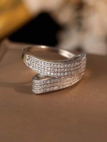 Gift Box Set Elegant Shiny Micro-Inlaid Diamond Line Crossing Design Gold Ring, Multiple Sizes Available, Suitable For Women Wedding Party, Valentine's Day Gift - Silver 2 - View 2