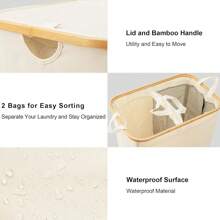 2-Section Extra Large Laundry Basket - 2 Detachable Inner Bags For Clothes Organization - Beige - View 6