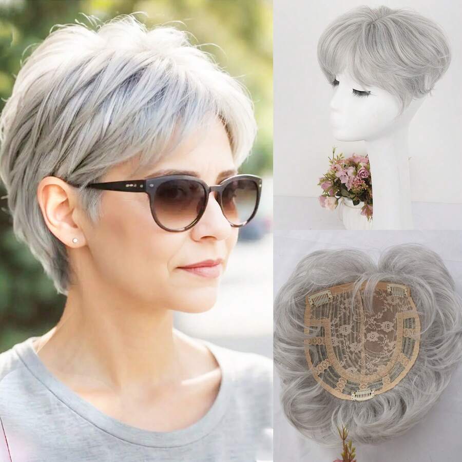Short Hair Toppers Hairpieces For Women With Thinning Hair Synthetic Wiglet Hair Topper For Women With Thin Hair Large Coverage Top Crown Hairpiece For Woman Shades Of Dark Brown,Red And Golden - 淺灰色 - 查看 1