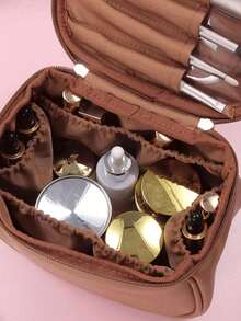 1PC Multi-Functional Travel Makeup Bag Waterproof Make Up Pouch Large-Capacity Cosmetic Storage Bag Portable Beach Bag Double-Layer PU Leather Cosmetic Bag Gift Bags Bathroom Toiletry Bag Ladies Travel Cosmetic Organizer Double-Layer PU Leather Material, Large-Capacity, Multi-Functional,