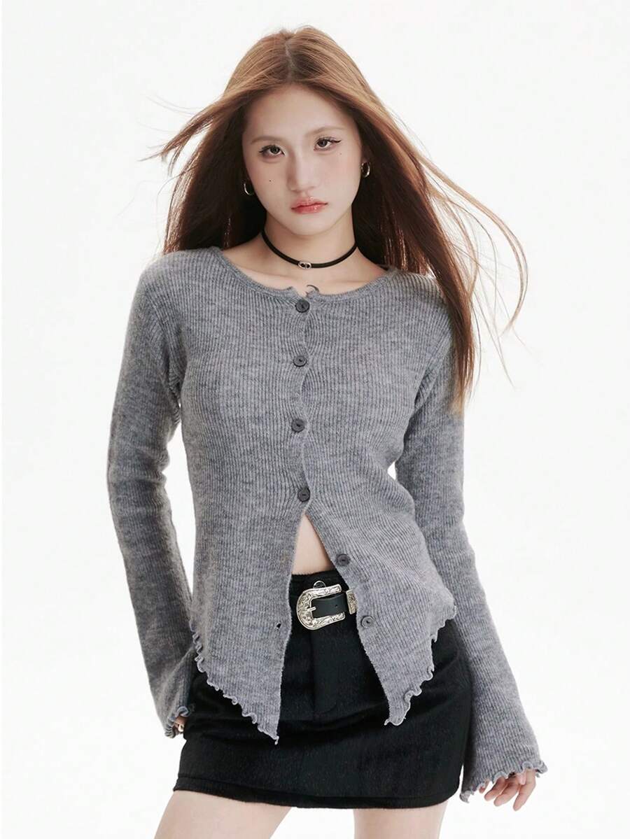 Asymmetrical Frill Trim Knit Cardigan Tops For Women, Flare Sleeve Fitted Soft & Cozy Sweater For Autumn/Winter - Grey - View 1