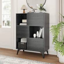 Three-Layer Wood Storage Cabinet, Durable Particle Board Organizer With Multi-Layer Shelves, Compact Design For Office Or Home, Ideal Furniture Storage Solution  Mid-Century Modern 3-Tier Display Storage Cabinet With Doors, Wooden Buffet Accent Cabinet With Strong Legs For Living Room, Dining Room, Kitchen, Hallway - 黑色 - 查看 2
