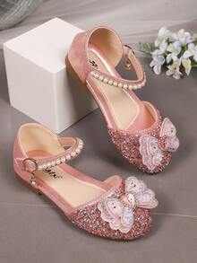1 双时尚百搭粉色女孩珍珠和水钻蝴蝶结装饰可爱平底凉鞋，圆头，适合日常穿着、跳舞、春秋季户外穿着，闪光装饰包头公主鞋，尺码偏小半码 - 粉色 - 查看 6