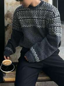 男士宽松北欧风几何图案圆领套头毛衣，男女通用款，秋冬季长袖针织衫 - 灰色 - 查看 4