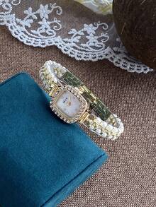 1 pieza Reloj de mujer cuadrado con perla/Reloj minimalista dorado con esfera pequeña para uso diario y regalo/Boda/Fiesta