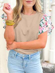 Acelitt Women's Khaki Round Neck Fitted Ruffle Colorful Floral Cuff Short Sleeve T-Shirt, Fashionable And Stylish For Summer - Khaki - View 3