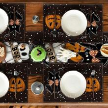1pc Halloween Table Runner/2pcs Placemats, Polka Dot Ghost Pumpkin Black Cat Design, Reusable Faux Linen Table Runner, Halloween Kitchen Dining Table Decor, Suitable For Home Dining Room, Kitchen, Party Table Decoration
