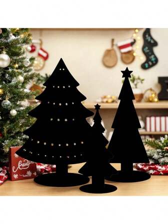 1pc/3pcs Black Wooden Christmas Tree Decor, Rustic Style Black Wooden Pine Tree Desktop Ornament, Vintage Forest Pine Tree Decoration, Christmas Scene Decor, Christmas Gift, Holiday Party Decor, Holiday Party Scene Prop, Home, Desk, Dorm Decor, Gift For Friends, Home Decor, Christmas Decoration, Room Decor, Winter Christmas Decor, Christmas Home Gift, Christmas Decoration