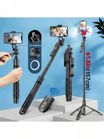 61.8 英寸铝合金自拍杆三脚架，带 2 个补光灯和稳定器手柄，适用于所有智能手机、直播、自拍、摄影