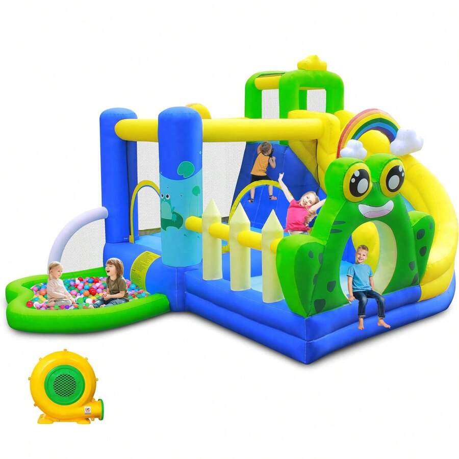 Castillo hinchable para uso en interior y exterior, equipado con tobogán, piscina de bolas y rocódromo, así como un muñeco hinchable de gorila con soplador de aire y un castillo hinchable con temática de puente de rana. - Verde - Ver 1