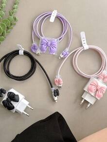 5pcs/Set Bow-Knot Design [European Version 20W Charger Protector] Clear Charging Port Cover & Anti-Break Cable Protector For IPhone11/12 13/14/15/16 Pro Max/Plus | 2-In-1 Protective Case Combo