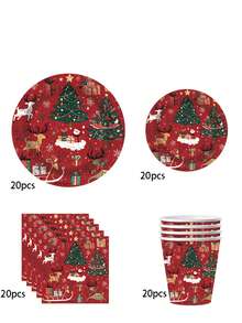 10pcs Perlengkapan Pesta Natal Warna Merah Anggur, Dekorasi Set Peralatan Makan Tema Natal Merah, Piring, Serbet, Gelas, Perlengkapan Meja dengan Pola Pohon Natal, Santa, dan Rusa Kutub untuk Suvenir Pesta Natal Musim Dingin - MultiWarna - View 9
