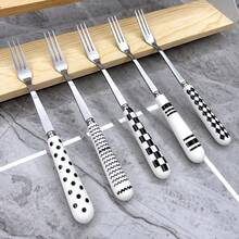 5/10pcs Geometric Pattern Ceramic Handle Stainless Steel Cutlery Set, Polished Surface Tableware With Dessert Spoon, Coffee Spoon, Small Spoon, Small Fork And Fruit Fork - Multicolor - View 9