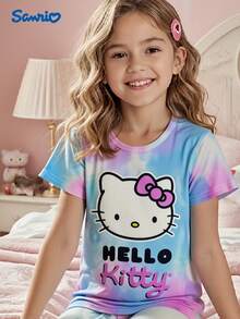 Sanrio Sanrio Hello Kitty (Leuchteffekt im Dunkeln) Flammhemmende Mädchen Kurzarm Pyjama Set + Schmetterling Muster Lange Hose 2 Stücke Nachtwäsche