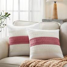 Minimalist Cotton Farmhouse Pillow Covers, Textured Weave In Light And Deep Hues, Cozy Living Room And Bedroom Accent Pieces - Natural White/Contrast/Dusty Pink - View 1