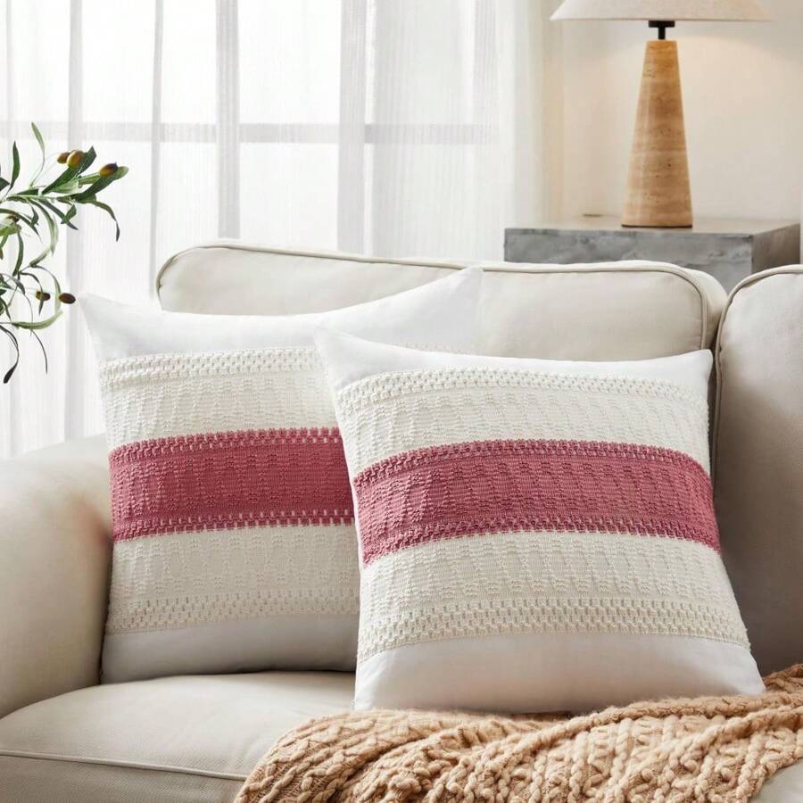 Minimalist Cotton Farmhouse Pillow Covers, Textured Weave In Light And Deep Hues, Cozy Living Room And Bedroom Accent Pieces - Natural White/Contrast/Dusty Pink - View 1