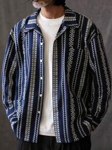 休闲美式几何图案宽松宽领长袖衬衫秋季 - 藏蓝色 - 查看 1