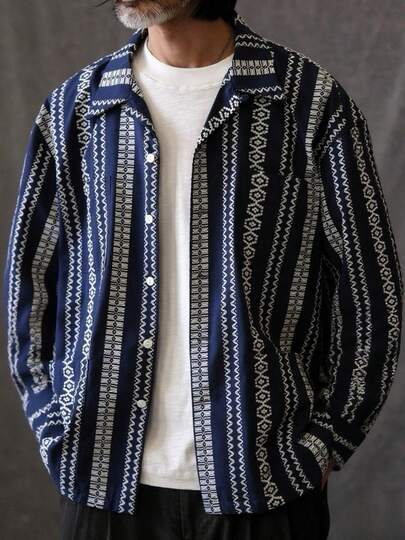 Casual American Style Geometric Pattern Loose Fit Shirt With Wide Collar, Long Sleeve, Fall