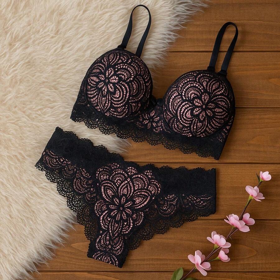 LACE LINGERIE SET WITH PADDED BRA + PANTIES SENSUAL NIGHT LINE WINTER FASHION LINGERIE - Baby Pink - View 1