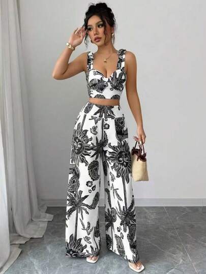 Conjunto de dos piezas para mujer: top corto con cuello en V estampado y pantalones anchos con cintura fruncida, ideal para vacaciones