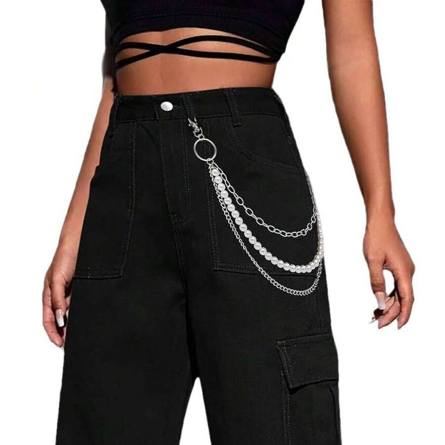 1 Set Multi-Layer Chains Faux Pearl Versatile Body Chain Punk Style Jeans Waist Chain - Silver - View 1