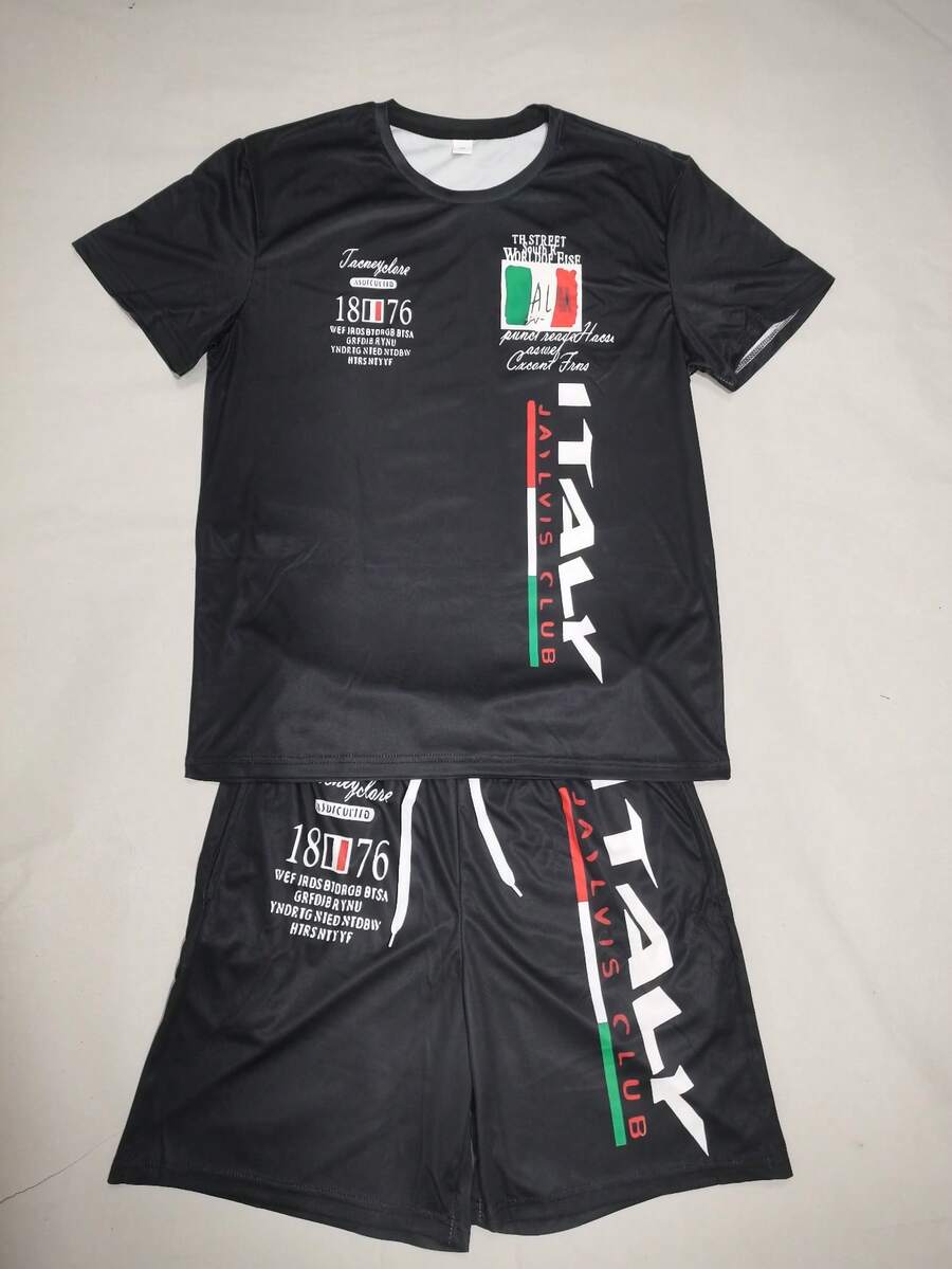 Summer Men's Casual Outfit, Black Letter Print Short Sleeve T-Shirt + Drawstring Sports Shorts 2-Piece Set, Men's Outdoor Round Neck Training Sportswear - Black - View 1
