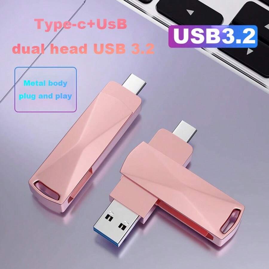 Reletech 玫瑰金双 USB 闪存盘 - C 型和 USB 3.2 双头 OTG 记忆棒，金属机身拇指驱动器，适用于手机/电脑/笔记本电脑（即插即用，无需适配器） - 粉色 - 查看 1