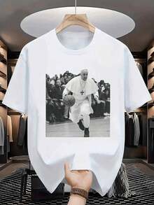 "Pope Plays Basketball" Printed Washed Vintage T-Shirt - Funny Pope Playing Basketball T-Shirt - Unique Religious Humor Sportswear - 白色 - 查看 1