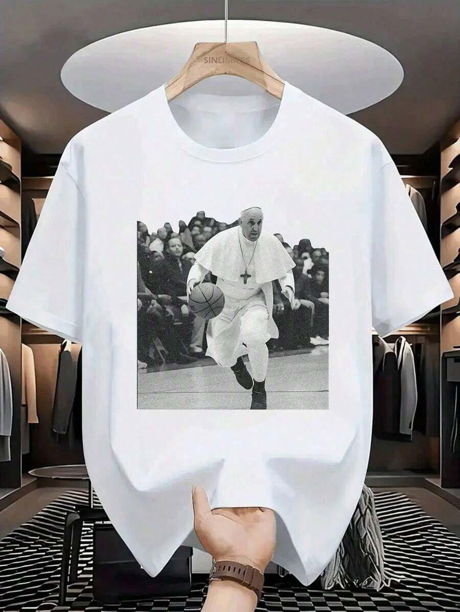 "Pope Plays Basketball" Printed Washed Vintage T-Shirt - Funny Pope Playing Basketball T-Shirt - Unique Religious Humor Sportswear - 白色 - 查看 1