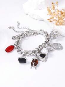 1pc Fashionable Layered Vintage Insect, Heart Shaped Zinc Alloy Pendant Women Bracelet Chain