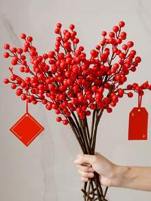 1PC,5PCS, Vibrant Red Fake Berries - Glitter No Batteries Required, Perfect For DIY Christmas Decorations, Weddings And Opening Cereies, New Year Decorations, Classic Plastic Style Home Decor Room Decor