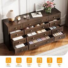 LIZHOUMIL 12 Drawers Wood Dressers For Bedroom,16" Wide TV Stand Dresser For 65 Inch TV,Long Wooden Dresser For Living Room, Hallway - màu nâu - Xem 3