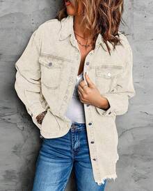 Vetinee Women's Oversized Button Up Frayed Hem Shacket Long Sleeve Pockets Denim Jean Jacket - 奶油捲 - 查看 6