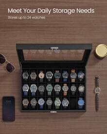 SONGMICS Watch Box, 24-Slot Watch Case, Lockable Watch Storage Box With Glass Lid, Gift Idea, Ink Black Synthetic Leather - 黑色 - 查看 2