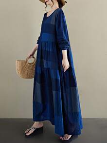 AZAH Women's Plus Size Blue Floral Print Long Sleeve Round Neck Pleated Maxi Dress A Line Woven Fabric Modest Summer Dress With Pockets