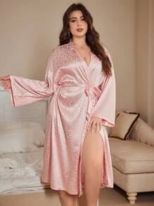 Pink Plus Size Women Long Robe Leopard Print Jacquard Bathrobe Kimono Homewear Nightwear - Pink - View 1