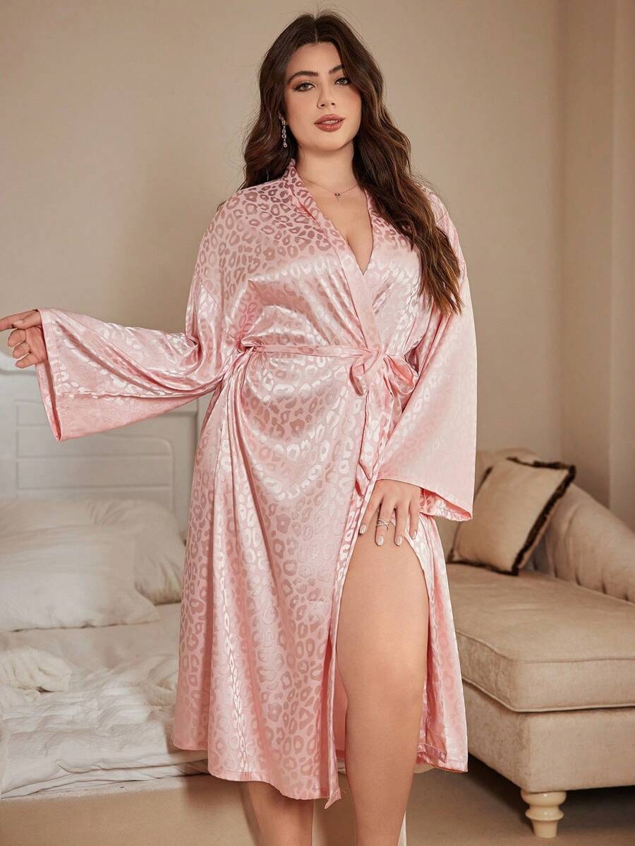 Pink Plus Size Women Long Robe Leopard Print Jacquard Bathrobe Kimono Homewear Nightwear - Pink - View 1