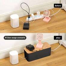 QINBEIYOU 1pc Large Size Cable Management Box - Wooden Style Cable Storage Box Suitable For TV Cords, Computer Cables, USB Hubs And Power Cords Under Office Desk - Made Of ABS Plastic