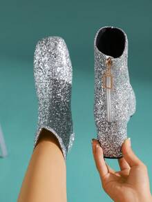 Women's Fashion Glitter Chunky Heel Ankle Boots, Back Zipper Square Toe High Heel Boots, Runway Plus Size Dress Boots - Silver - View 5