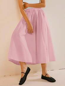 Womens A-Line Midi Skirt Elastic High Waist Pleated Flowy Swing Casual Long Skirt With Pocket - Baby Pink - View 4