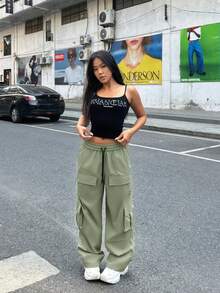 Green Elastic Waist Multi-Pocket Cargo Pants - Light Green - View 2