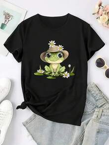 Women's Cute Frog Floral Print Casual T-Shirt, Round Neck Short Sleeve, Soft Summer Top, Suitable For Daily Wear