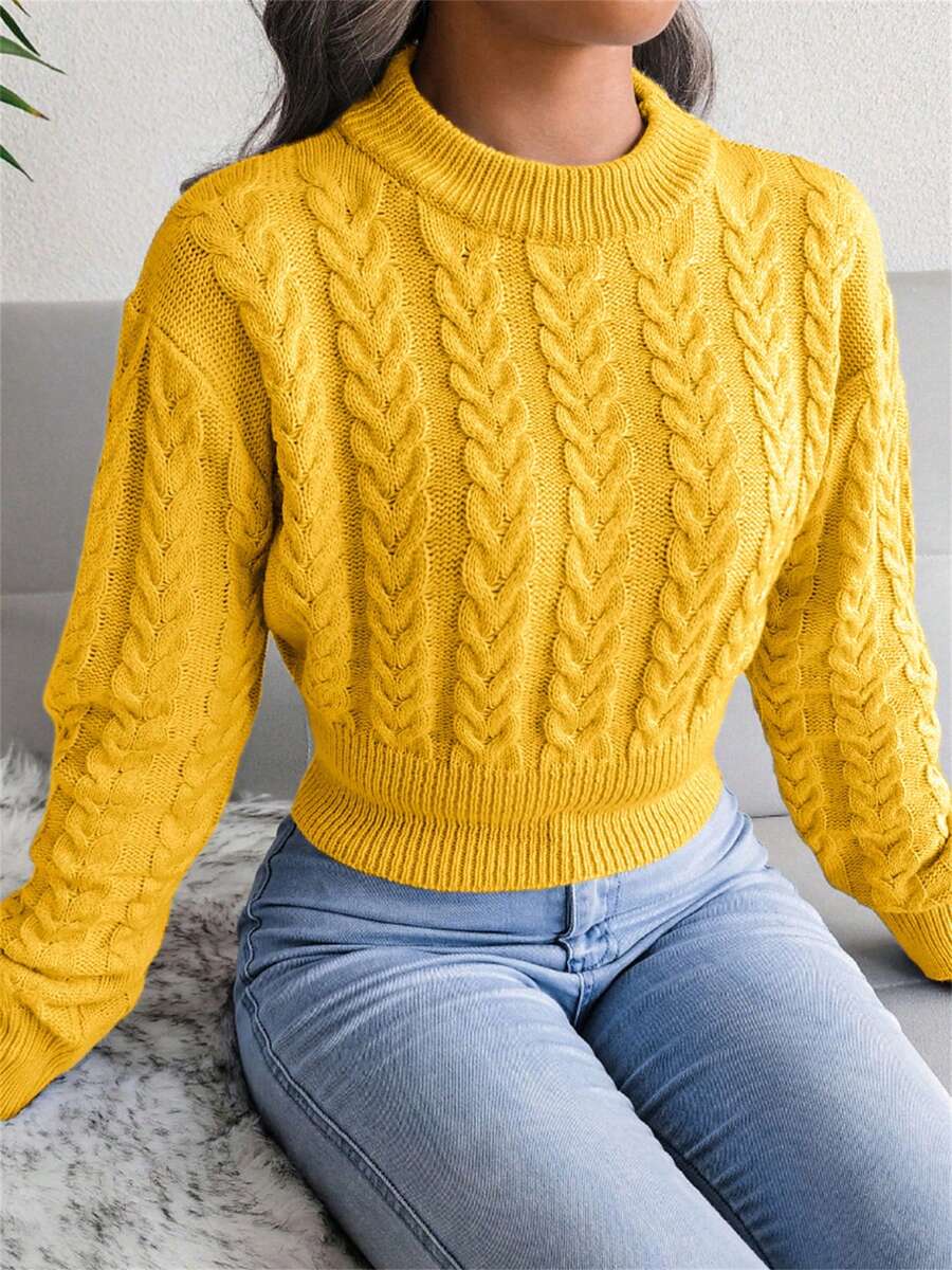 Women's Cable Knit Crew Neck Long Sleeve Cropped Pullover Sweater, Casual For Autumn/Winter - 黃色 - 查看 1