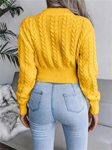 Women's Cable Knit Crew Neck Long Sleeve Cropped Pullover Sweater, Casual For Autumn/Winter - 黃色 - 查看 2