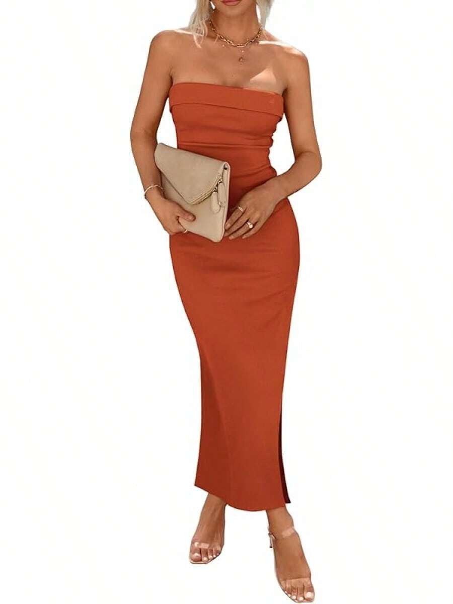Women's Summer Bodycon Maxi Tube Dress Ribbed Strapless Side Slit Long Going Out Casual Elegant Party DressesHalloween Christmas New Year - 鐵鏽紅 - 查看 1