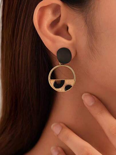 1 Pair Fashion Retro Chic Leopard Print Geometric Round Dangle Earrings, Suitable For Stylish Women's Daily Commute Jewelry