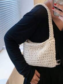 1 件女士单肩手提包，编织可折叠迷你敞口轻便时尚休闲手提包，白色软包 - 白色 - 查看 3