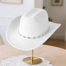 Men Women Felt Cowgirl Hat Wide Brim Jazz Cap Stylish Sparkly Belt Western Cap For Daily Life  Party - 白色 - 查看 5