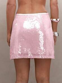 Women's Shinning  Sequin Side Zipper Sparkly Skirt Mini Micro Glitter Low Rise Summer Skirt For Party - Hồng - Xem 3